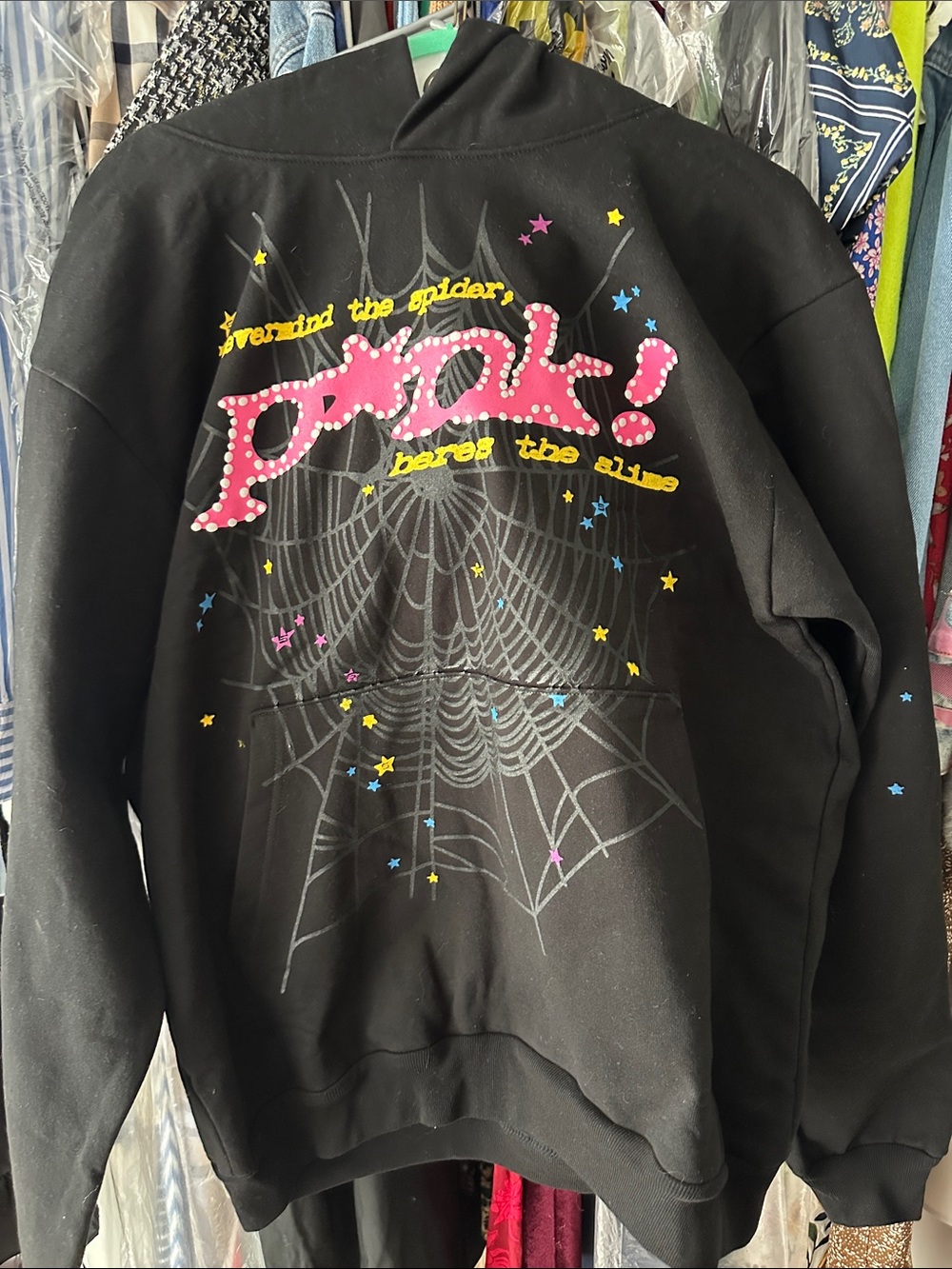 spider Graphic Hoodie with Pink Studded 'Pow!' Back Detail